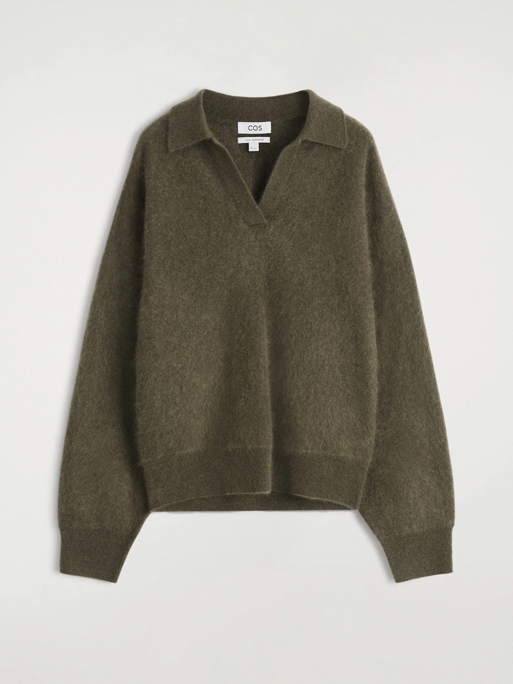 COS Brushed Cashmere Polo Sweater Olive Khaki Size Small